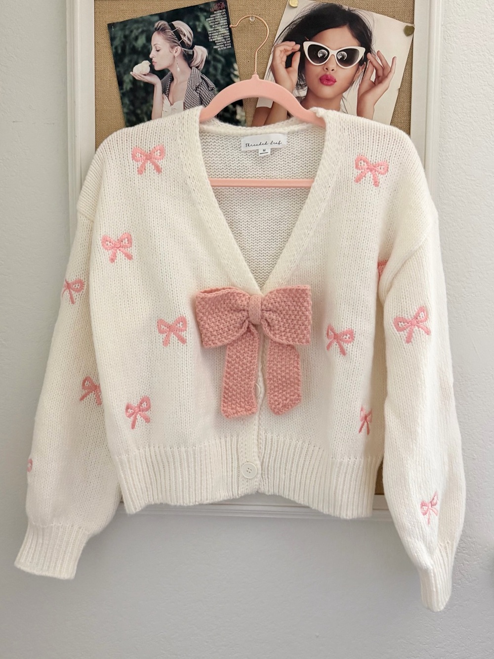 Embroidered Bow Cream Cardigan Sweater with Pink Accents